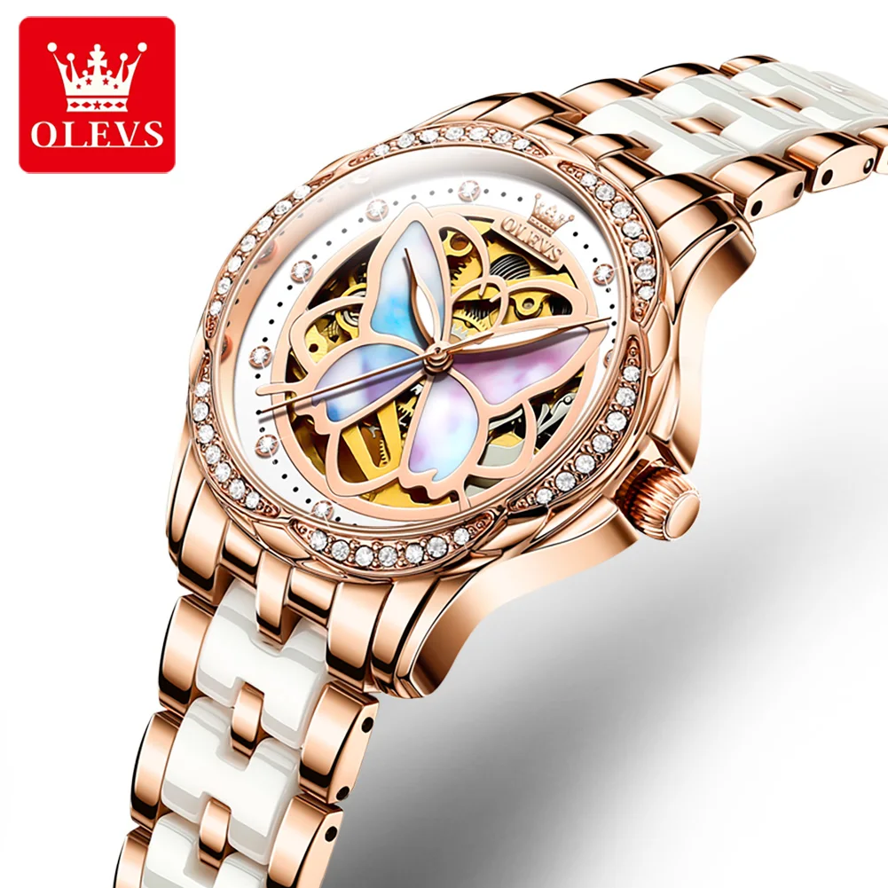 OLEVS mechaniczny zegarek dla kobiet ceramiczny z niebieskim paskiem oryginalny zegarek szkielet automatyczny diament eleganckie panie zegarki zestaw