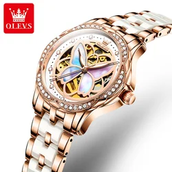 OLEVS – montre mécanique pour femmes, en céramique, bracelet bleu, squelette Original, automatique, diamant, ensemble de montres élégantes pour dames