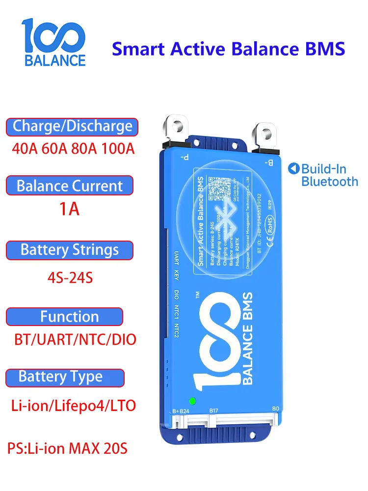 100BALANCE100A BMS 8-24s smart bms BT 1A Active Balance rs485 BMS 4S~8S 8-17s 12v 24v 48v 80A 60A 40A jk Lifepo4 Li-ion Battery