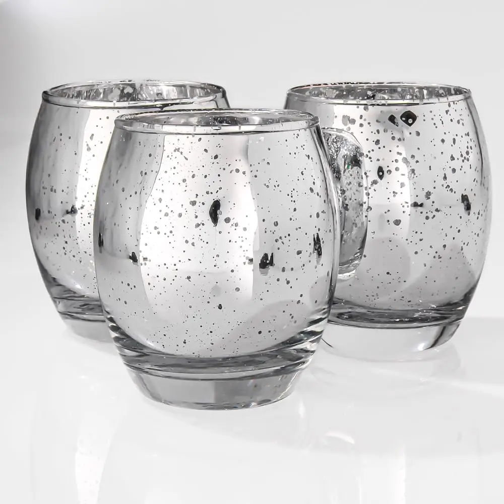 Candle Holders Grande Mercury Silver Set of 72 Reflective Silver Mercury Dappled Finish Elegant Oval Shape Thick Sham