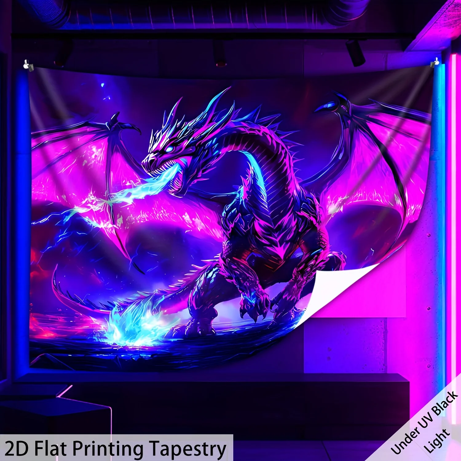 Neon Dragon Tapestry Glowing Under UV Light Fantasy Beast Wall Art for Game Room Decor Vibrant Psychedelic Design 2D Flat Print