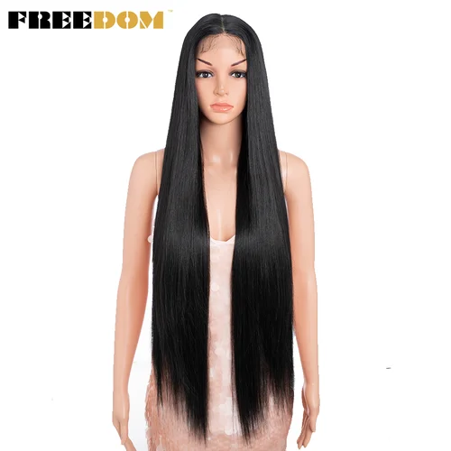Imagen 2 del producto Pelucas delanteras de encaje sintético FREEDOM para mujer, peluca con malla frontal 13X4 recta larga de 36 pulgadas, peluca de Cosplay resaltada roja rubia ombré