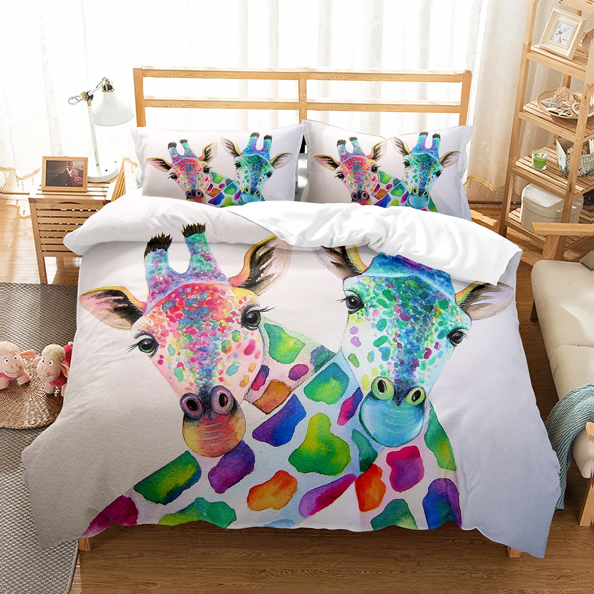 

Colourful Giraffe Duvet Cover Set Cute Wild Animals Pattern Polyester Comforter Cover Single Double Size for Kids Bedding Set