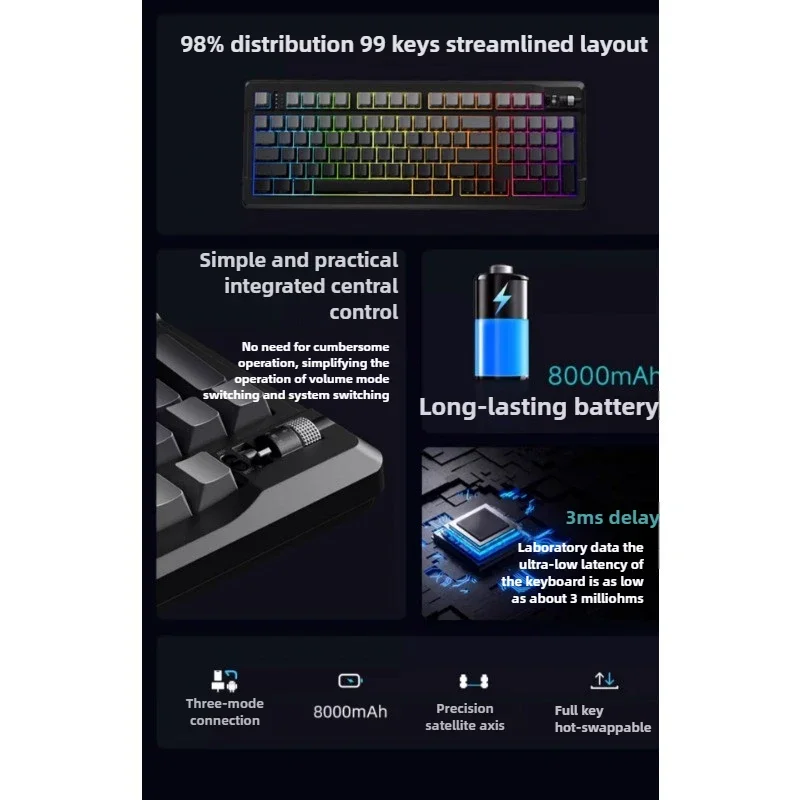 X99v2 Customized Mechanical Keyboard Wireless Bluetooth Three-mode E-sports Gaming Keyboard Mechanical Axis RGB99 Key