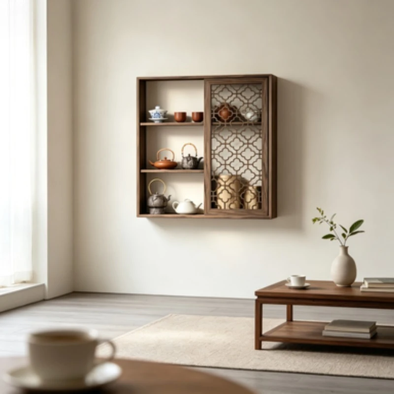 Song-style Aesthetic Wall Mount Curio Shelf Solid Wood Teacup Rack & Teaware Display Tea Room Decor Storage Floating Furniture