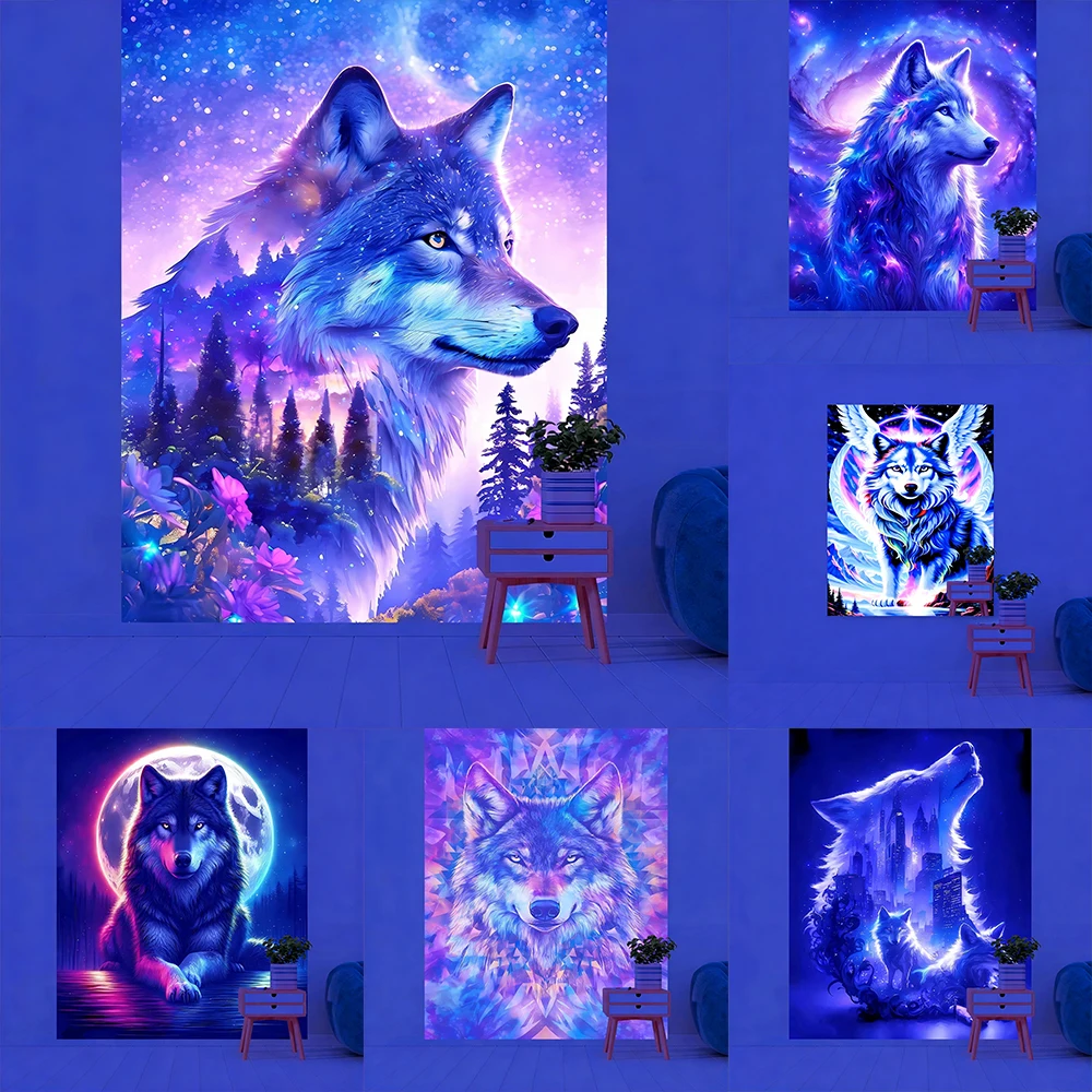 Tapisseries de loup fluorescentes, tapisserie réactive aux UV, décoration murale, décoration de chambre à coucher, décoration de fête