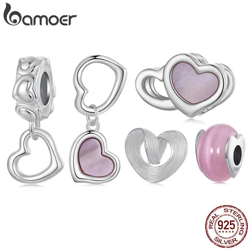 BAMOER Solid 925 Sterling Silver Pink Heart Charm Bead fit Original Bracelet & Necklaces Jewelry bamoer Infinity Love Charm