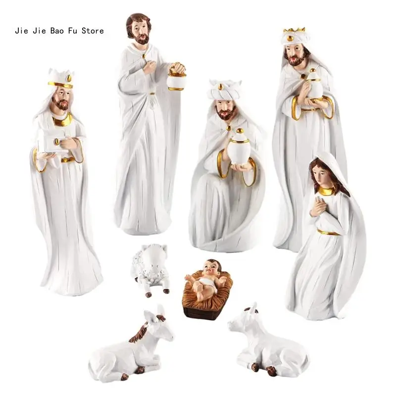 

E8BD Christmas Manger Decorations Set Jesus Nativity Holy Figure Resin Figurines for Home Bedroom Living Room Statue Ornament