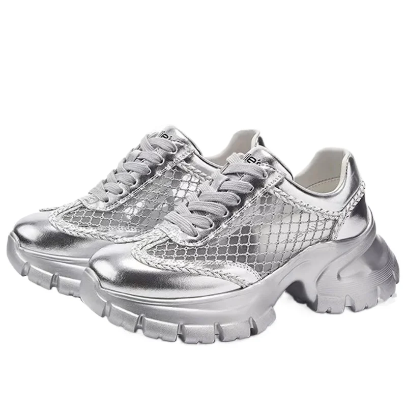 

Silver Hollow-out and Breathable Daddy Shoes for Women's New Thick Soled Height Increasing Shoes Comfortable Casual Sports Shoes