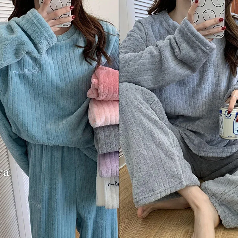 2pcs/Set Women\'s Pajamas Fall And Winter Coral Velvet Padded Thickened Warm Home Wear Plus Size Student Pajamas Long Pants Long-