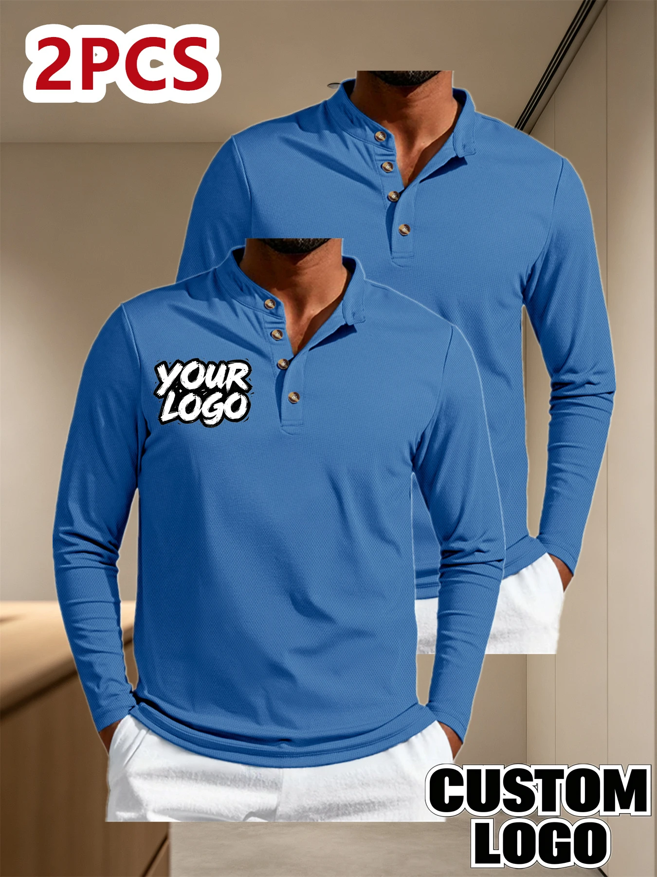 2pcs Custom Men's Long Sleeve Polo Shirts - Personalized Solid Color Suitable for Casual, Athletic