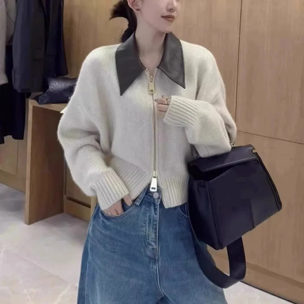 

Кожаный воротник, молния спереди, свитер, кардиган, швейный узор, свитер с откидным воротником в корейском стиле, уличная одежда с длинными рукавами, вязаный крючком топ