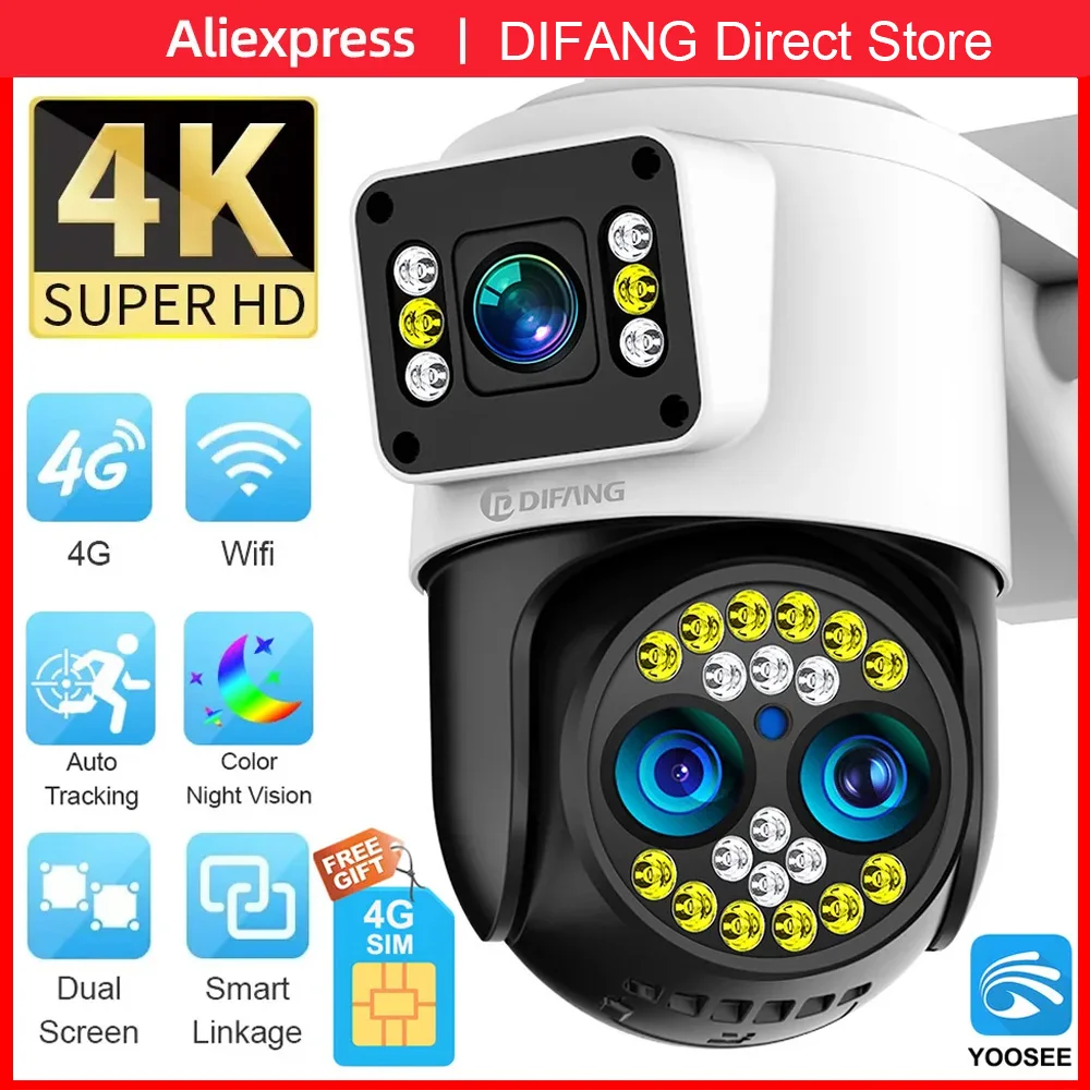 DIFANG 4K Camera WiFi Outdoor UHD Optics10x Zoom 4G Wireless Camera 8MP Triple Lens Dual Screen Voice Color Night Vision IP CCTV