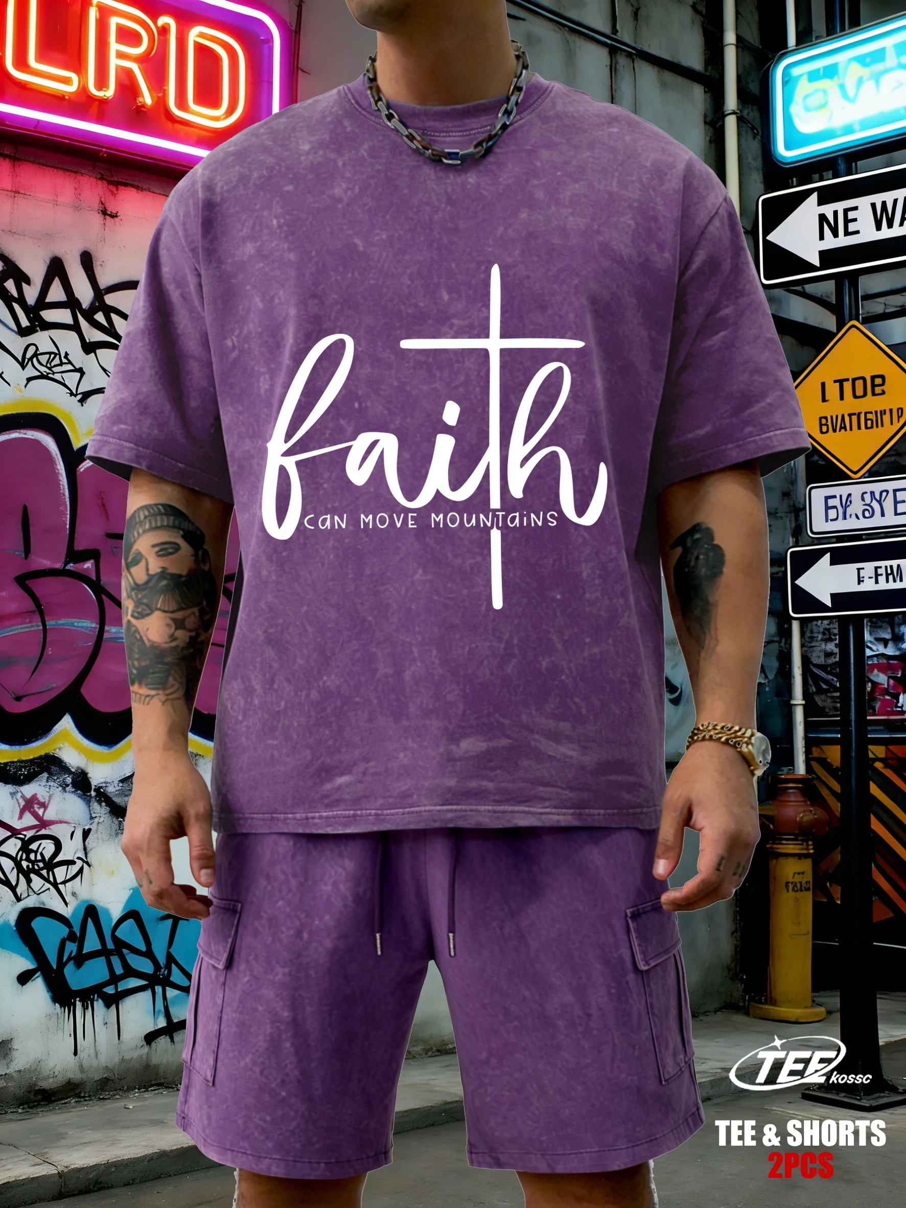 

Faith Can Move Mountains Retro Mens T-Shirt Summer Casual Loose Clothing Snow Wash T Shirt Fashion Cotton Unisex Shorts Set