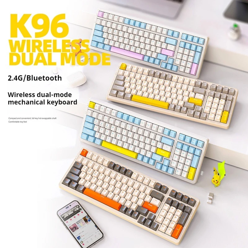 Free Wolf K96 Mechanical Keyboard 100 Keys Bluetooth 2.4g Dual-Mode Hot Swappable Customized Ergonomic Laptop Office Game