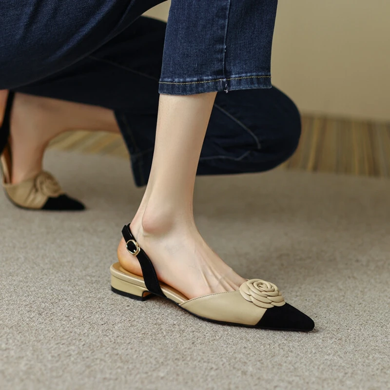 NEW Summer Women Shoes Split Leather Pointed Toe Women Sandals Mixed Colors Chunky Heel Shoes for Women Soft Low Heels Plus Size image 2