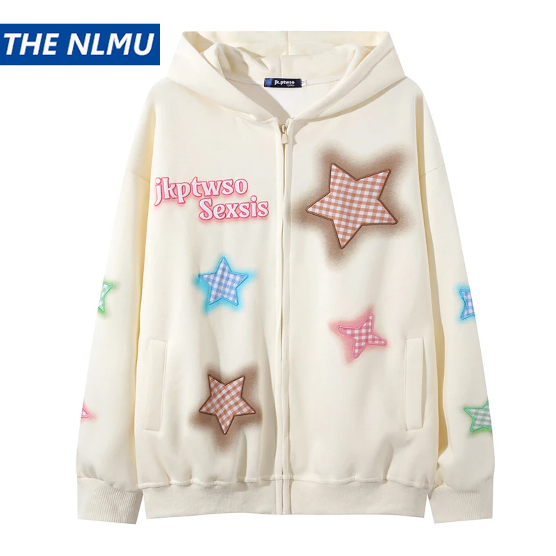 Hip Hop Zip Up Hoodie Jacket Y2K Star Embroidered Hooded Sweatshirt Coat 2025 Spring Autumn Casual Loose Sweat Shirt Hoodies