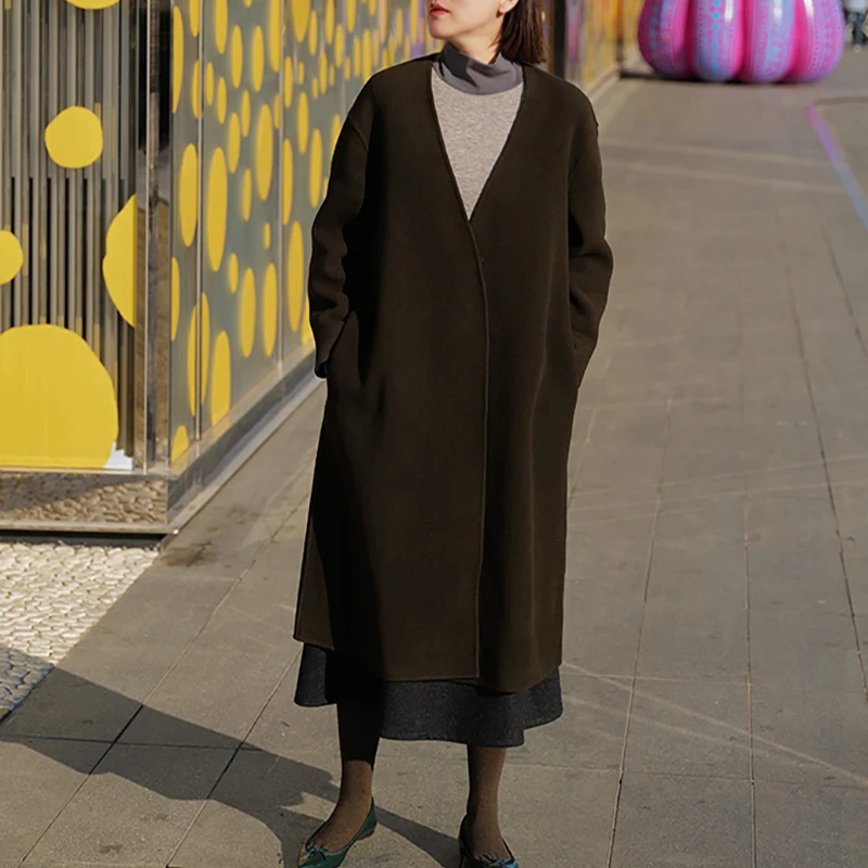 

Двустороннее шерстяное пальто Ele с поясом, прямого кроя, средней длины, для женщин, весна, T55, простой дизайн