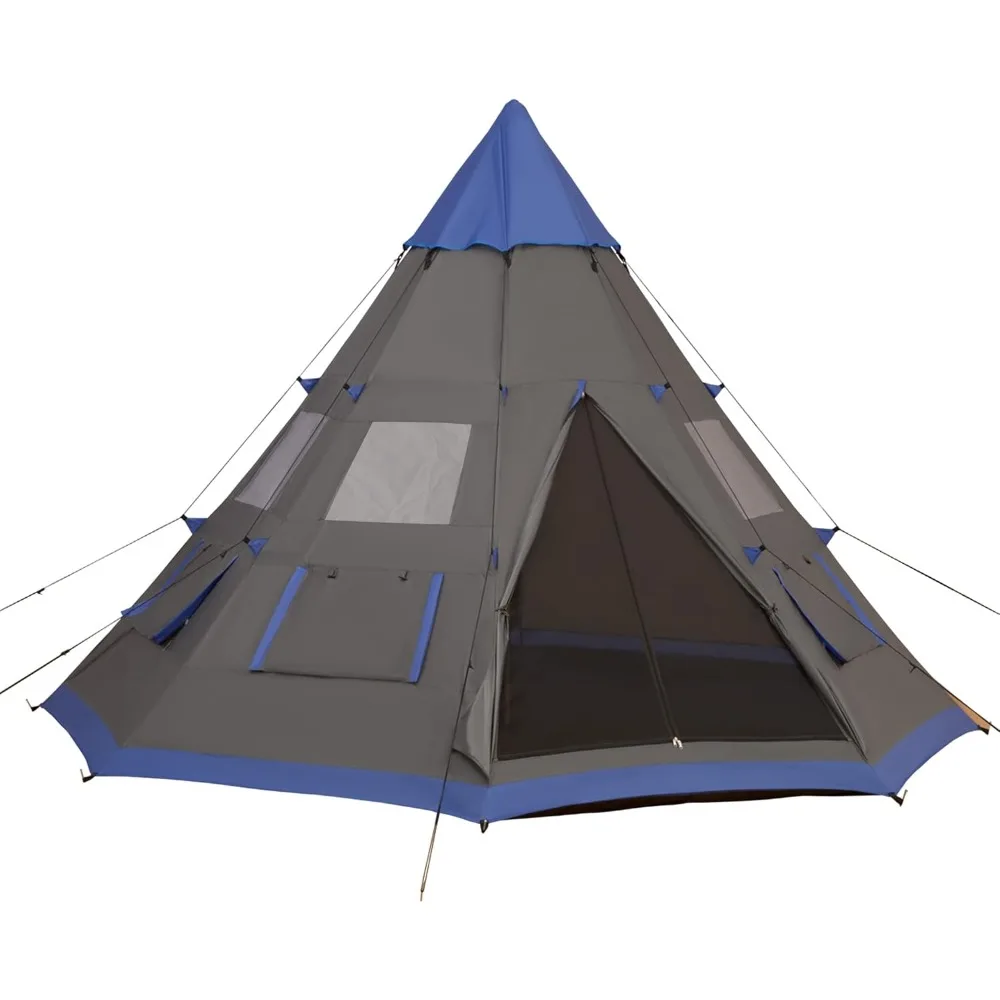 

12Ft Camping Tent 6-7 Person 4 Season with 8 Mesh Windows, Outdoor Teepee Tent with Waterproof Material for Family and Friends
