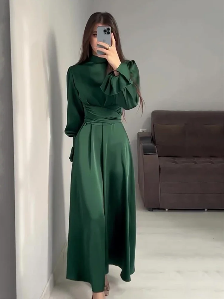 Eid Satin Muslim Dress for Women Abaya Party Dresses Ramadan Lace-up Islam Flare Sleeve Vestidos Largo Dubai Arab Long Robe 2024