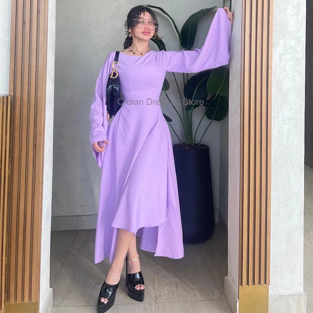 

Purple Jersey Hi-Lo Evening Dresses for Woman Elegant O-neck Long Sleeves Party Prom Dress High Quality Formal Occasion Gowns