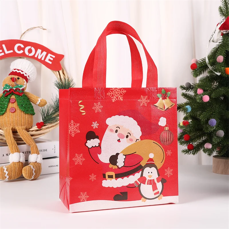 StoBag 12pcs Merry Christmas Non-woven Bags Fabric Tote Candy Gift Package Kids Waterproof Storage Reusable Pouch Party Favors