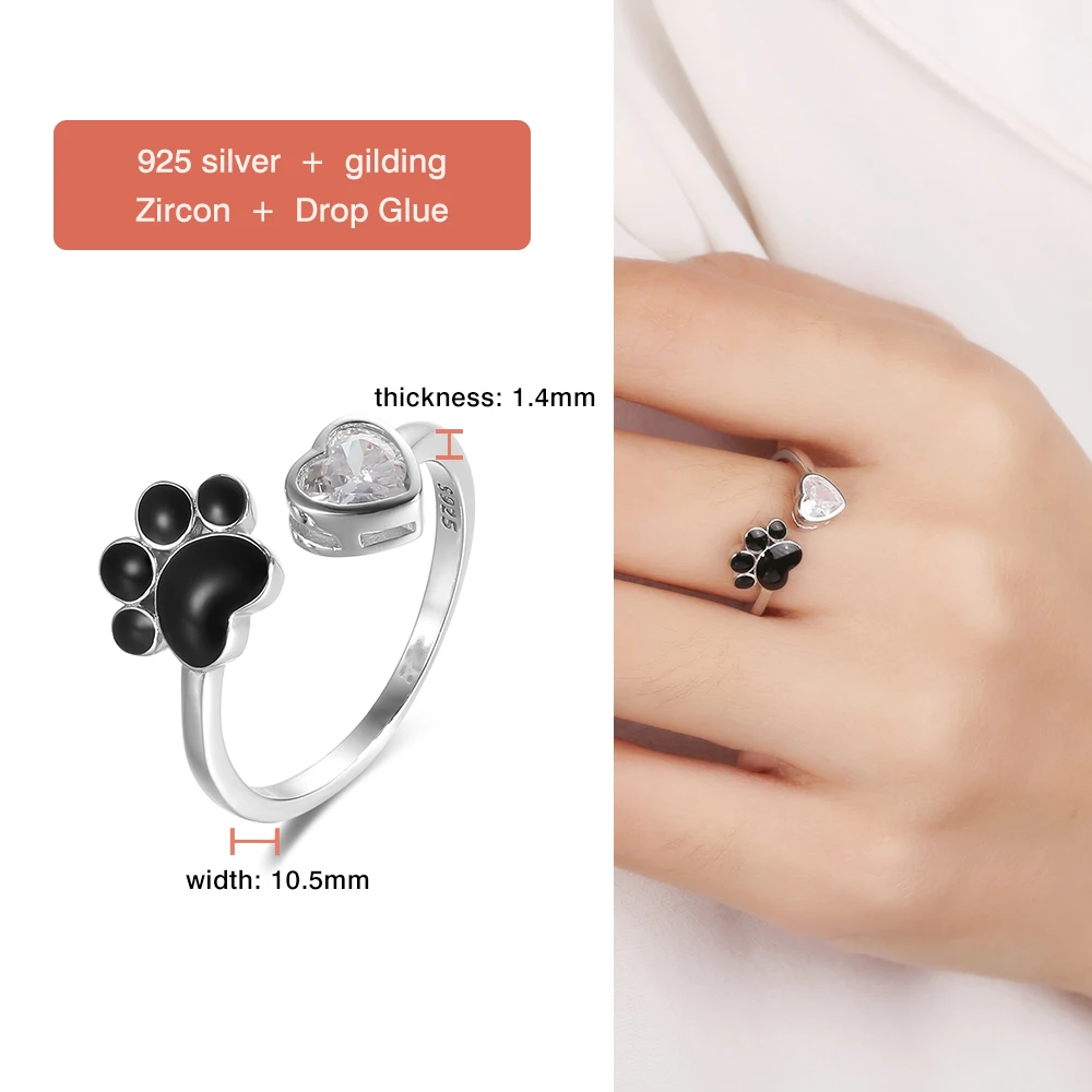 Real Silver 925 Lovely Pets' Dog Paw Pendant Finger Rings with CZ Heart for Women Engagement Adjustable Rings Fine Jewel