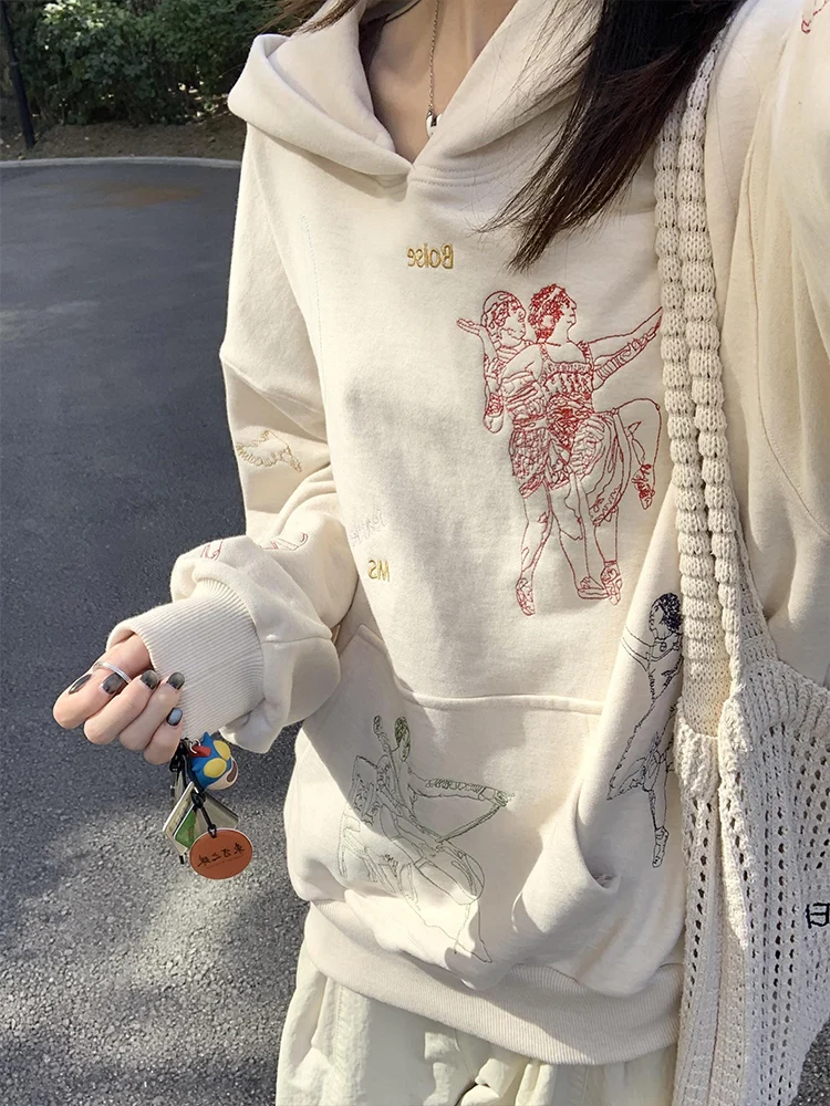 

Retro Art Embroidered Hoodie Women's Spring Autumn Loose Slimming Unique Design High-End Feelings Outerwear