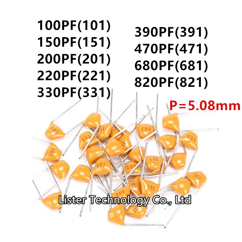 

50 ~ 100 шт./лот Новый монолитный керамический конденсатор 50 в 100PF 150PF 200PF 220PF 330PF 390470pf 680PF 820PF P = 5,08 мм DIP-2