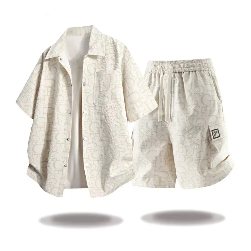 

Men's Summer Casual Set Short Sleeve Shirt Printed Cargo Shorts