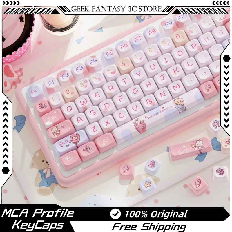 Sweet Cotton Candy Themed Keycaps 112/120key Mca Profile Pbt Thermal Sublimation Mechanical Keyboard Cartoon Pink Anime Keycaps