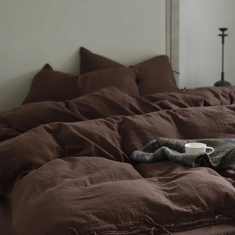 

Хлопковая морщинистая пряжа, саржа, толстый прочный материал, дышащий, повседневный, простой, мягкий, комплект постельного белья, двойной, Queen King, 4 шт.