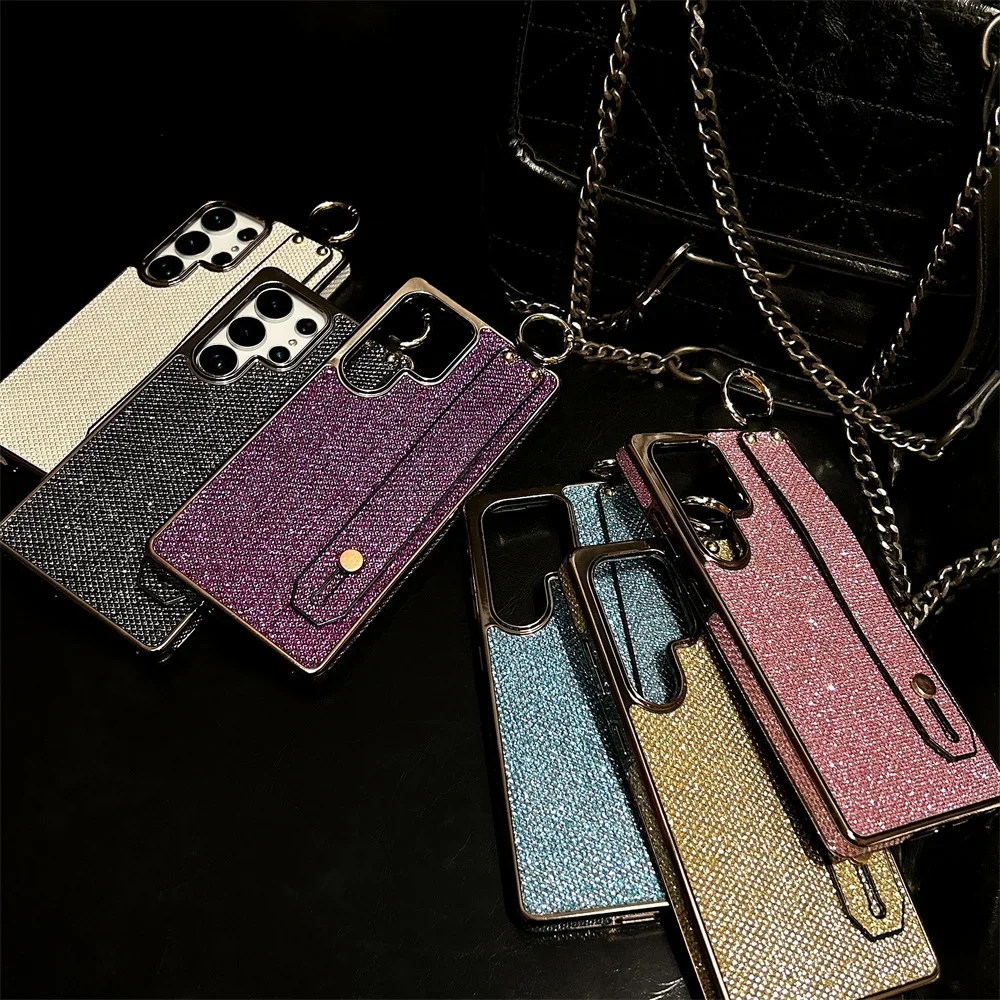 Für Samsung Galaxy S25 Ultra S24 S23 FE S22 Plus + Luxus Überzug Bling Glitter PU Leder Telefon Fall Handgelenk Strap kickstand Ring