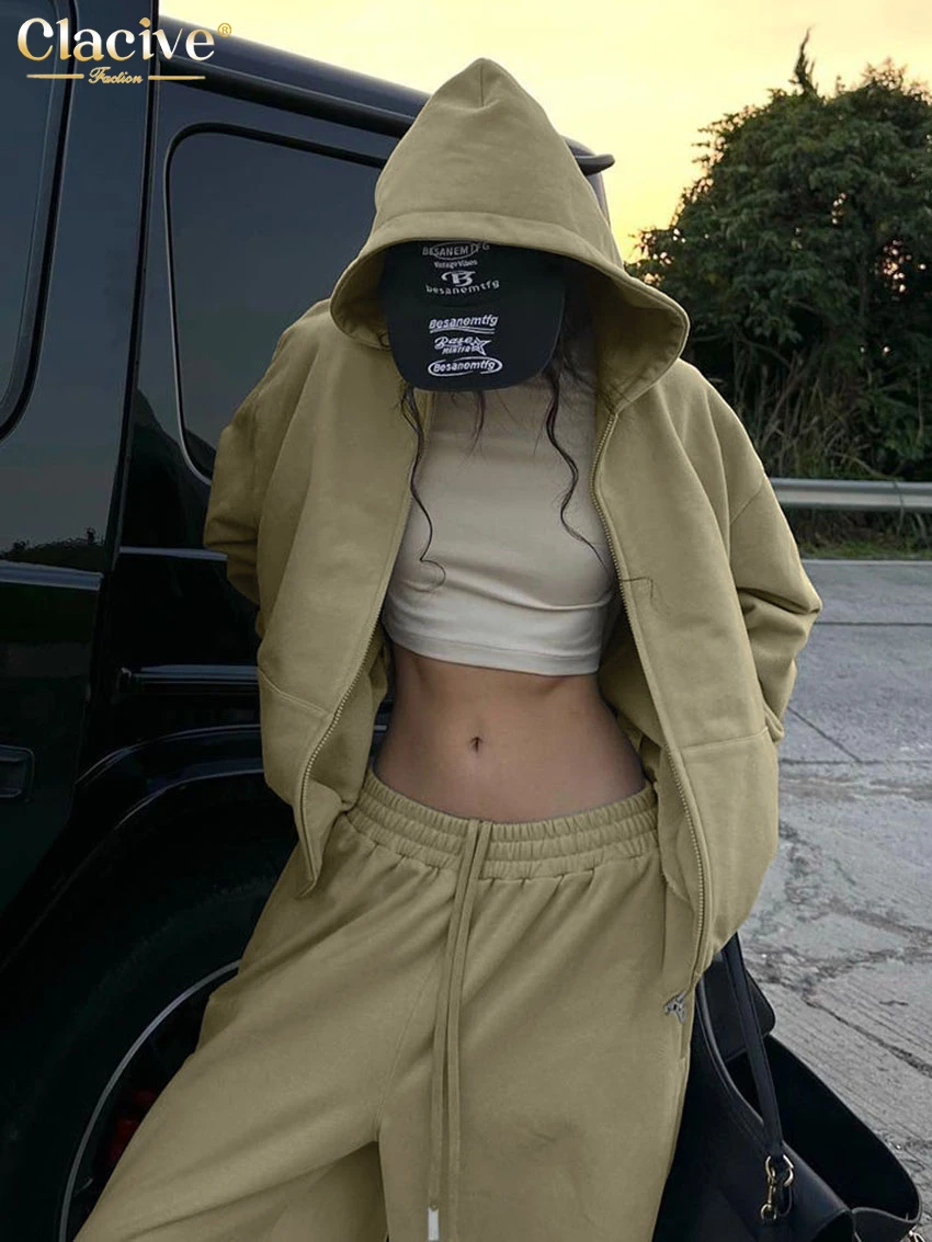 Clacive Casual Loose Khaki Trousers Sets For Women 2 Pieces 2025 Elegant Long Sleeve Hooded Shirt With Mid Waist Wide Pants Set