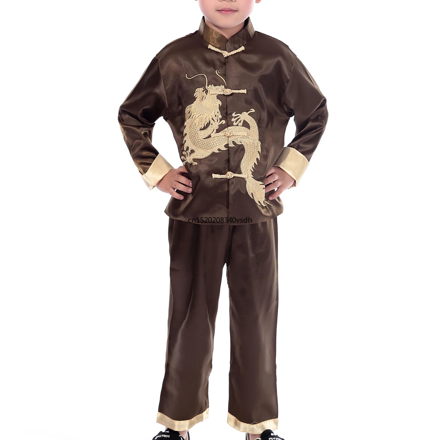 Traje Tang de satén para niños, ropa Vintage bordada de Dragon Kong Fu, cuello mandarín chino, informal, 2 piezas, camisa y pantalones