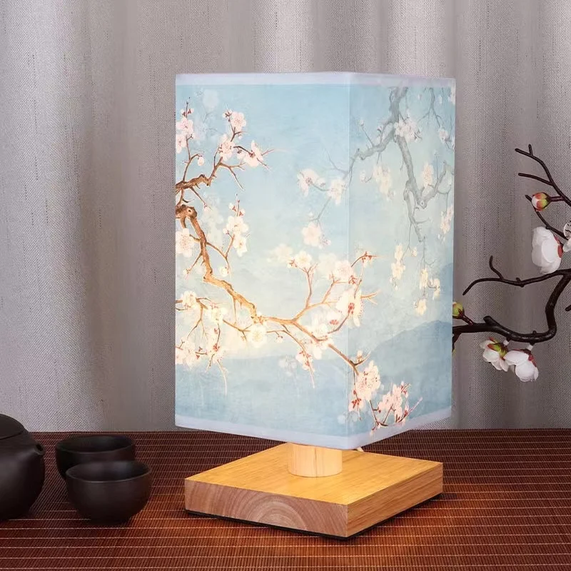 

Antique Bedroom Bedside Lamps New Chinese Style Wood Fabric Table Lamp Magnolia Peach Blossom Decoration Night Light with Plug