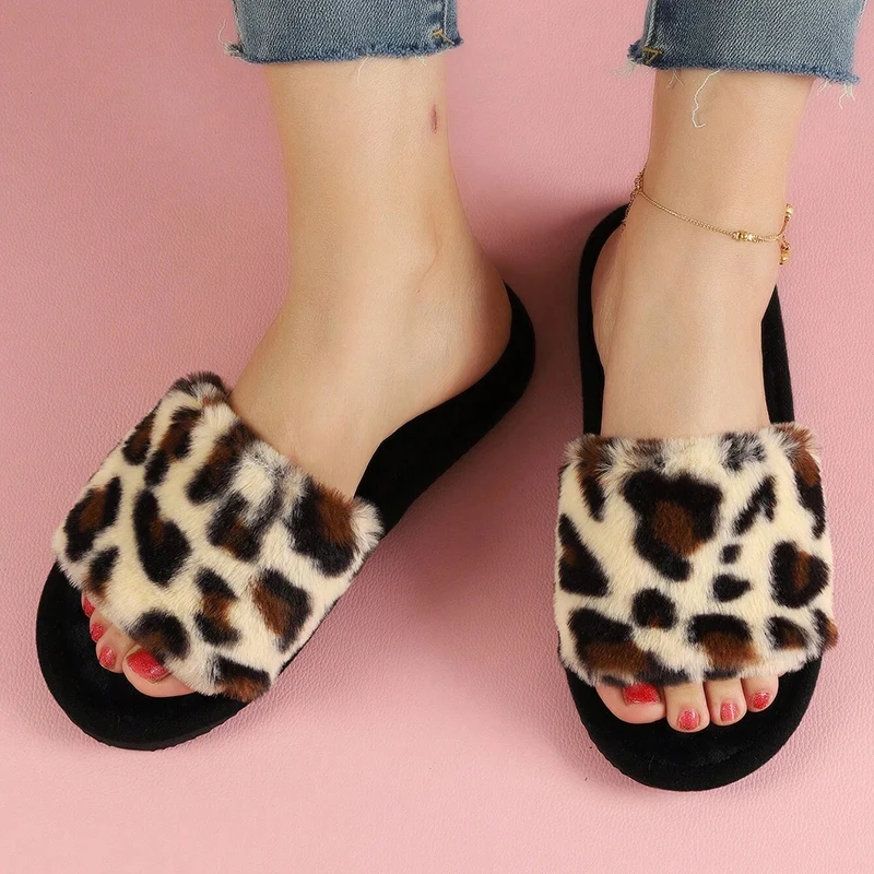 Fashion Leopard Print Fur Slippers for Women Open Toe Soft Sole Furry House Shoes Woman Winter Warm Comfort Indoor Home Slippers