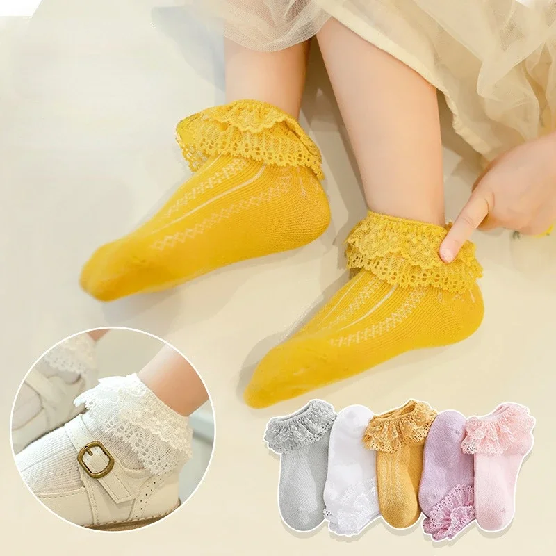 Baby Girl Socks Breathable Cotton Lace Ruffle Princess Mesh Socks Children Ankle Short Sock White Pink Yellow Girls Kids Toddler