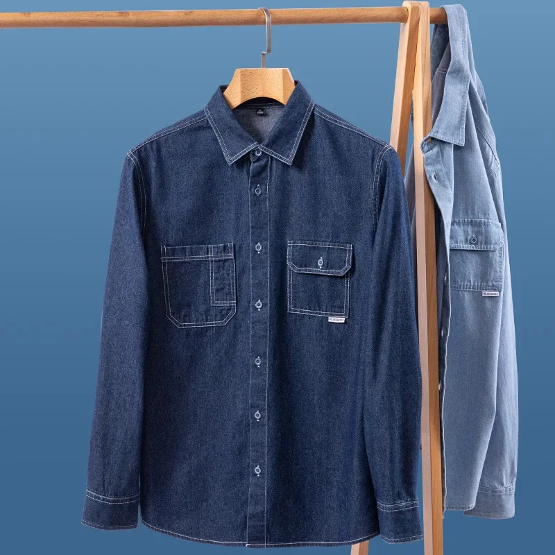LIBIELIY Personalized Denim Shirt Men's Long Sleeved Double Pocket Linen Casual Retro Fashion Men's Top Shirt
