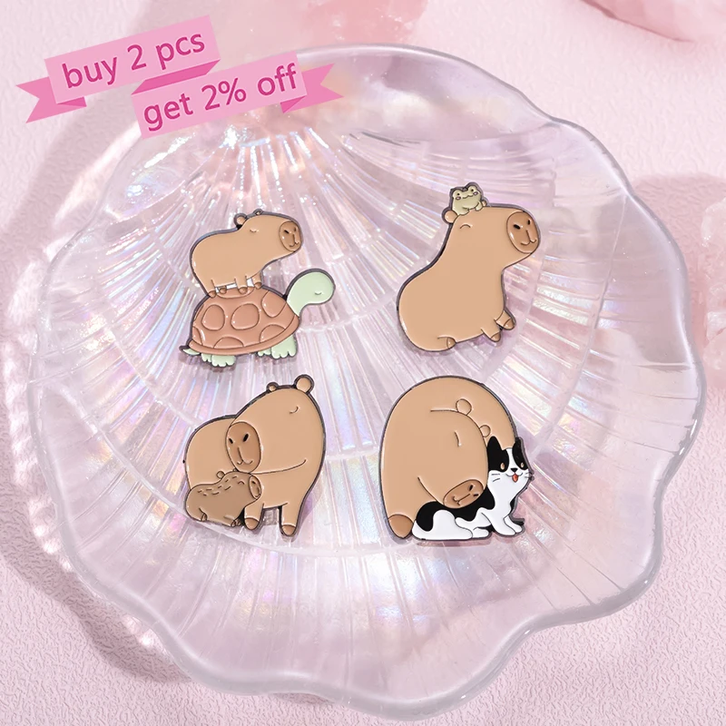 Cute Capybara Turtle Cat Enamel Pins Custom Animals Living In Harmony Brooches Lapel Badges Animal Jewelry Gift for Kids Friends