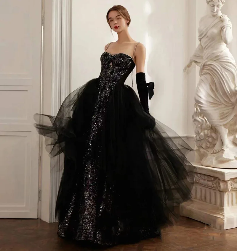 

Woman Back Exquisite Sequins Spaghetti Strap Evening Dresses 2022 Long Tulle A-line Floor-length Formal Party Dress