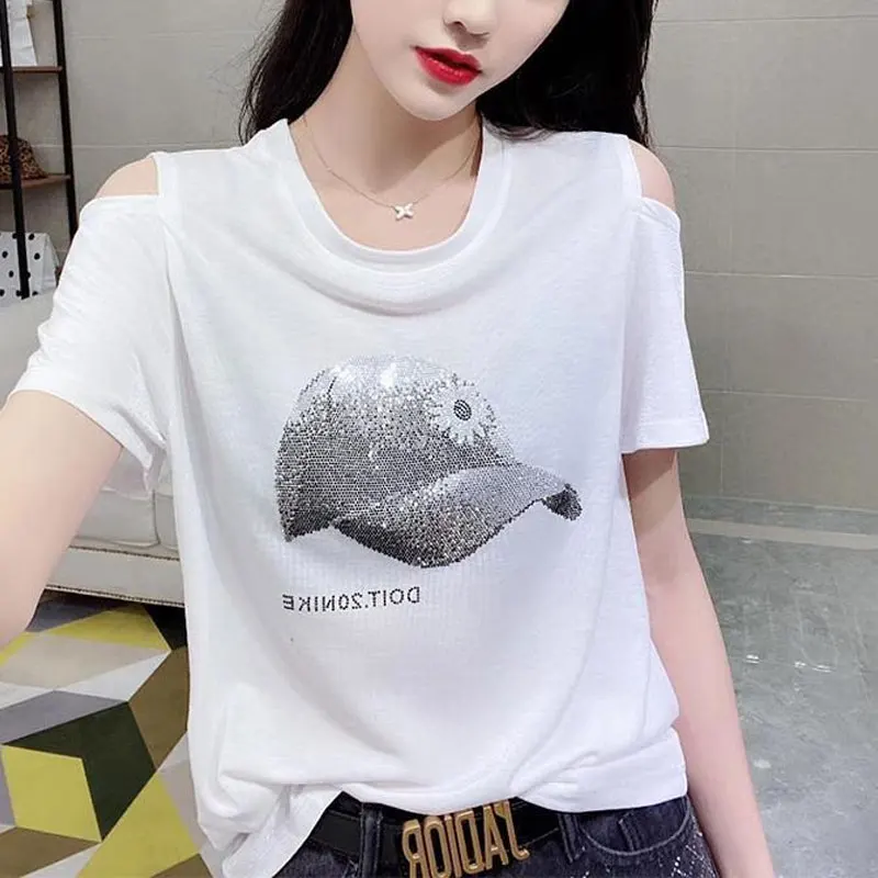 High Street Solid Color T-shirt Female Clothing Chic Diamonds 2023 New Summer Stylish Off Shoulder Casual O-Neck Loose Pullovers