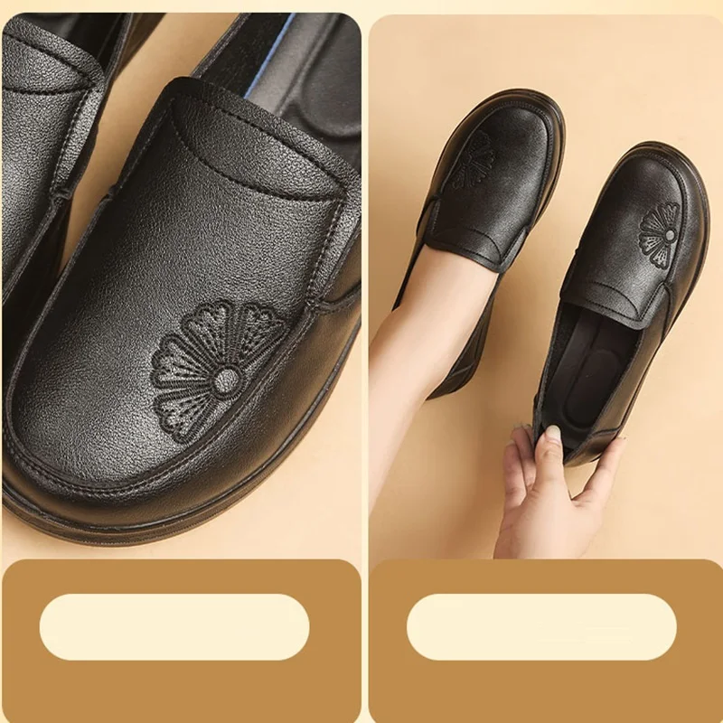 Spring Autumn Women Shoes Loafers Soft Leather Shoes Solid Color Casual Shoes Mother Slip On Black Single Shoes Big Size 35-42