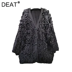 DEAT Women's Cardigan Knitting V-neck Tassel Loose Long Sleeve Elegant Burrs Edge Black Sweaters 2024 New Autumn Fashion 29L8744