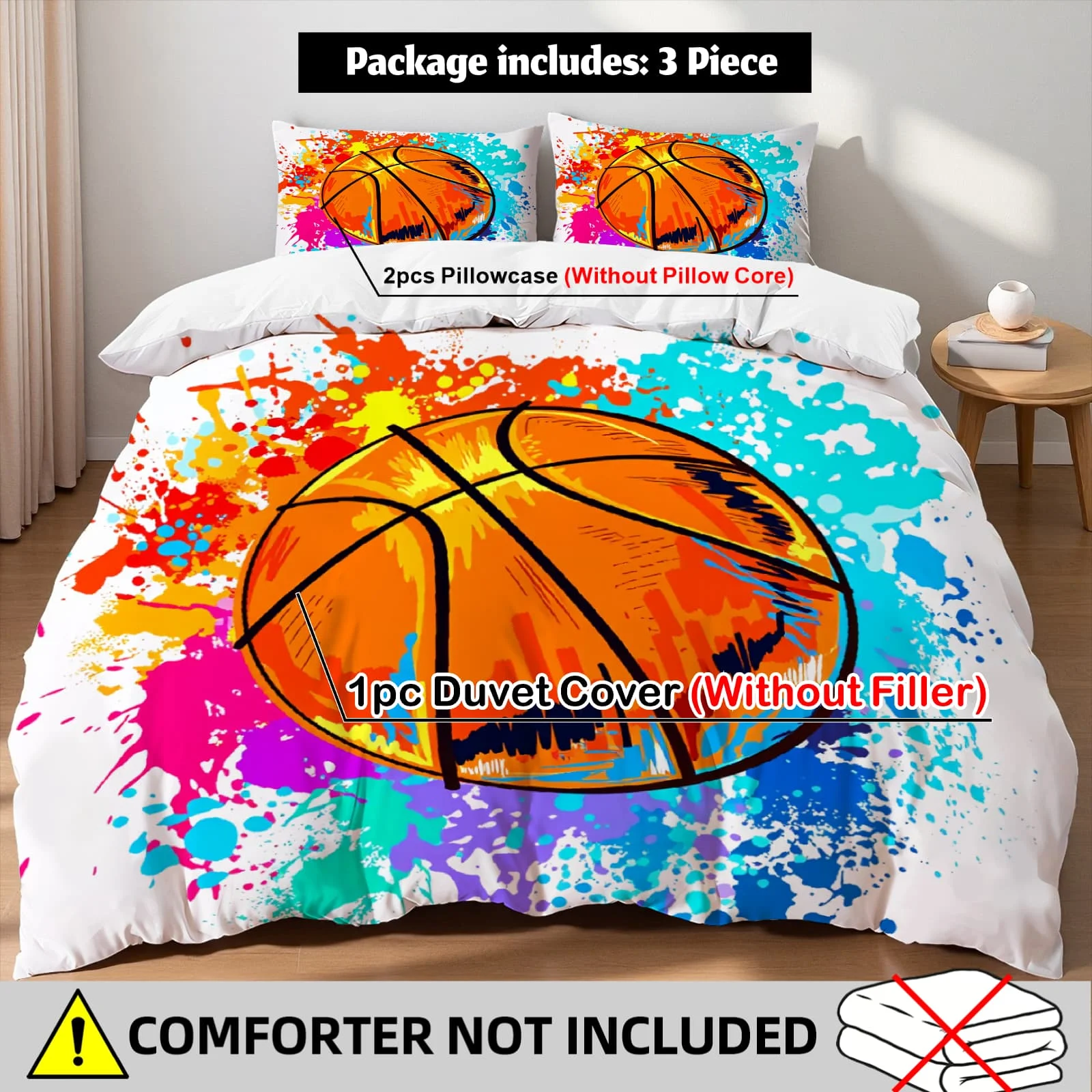3pcs Splash Paint Basketball Print Duvet Cover Set – for Kids Gift 100%Polyester, Soft, Breathable for Bedroom Decoration