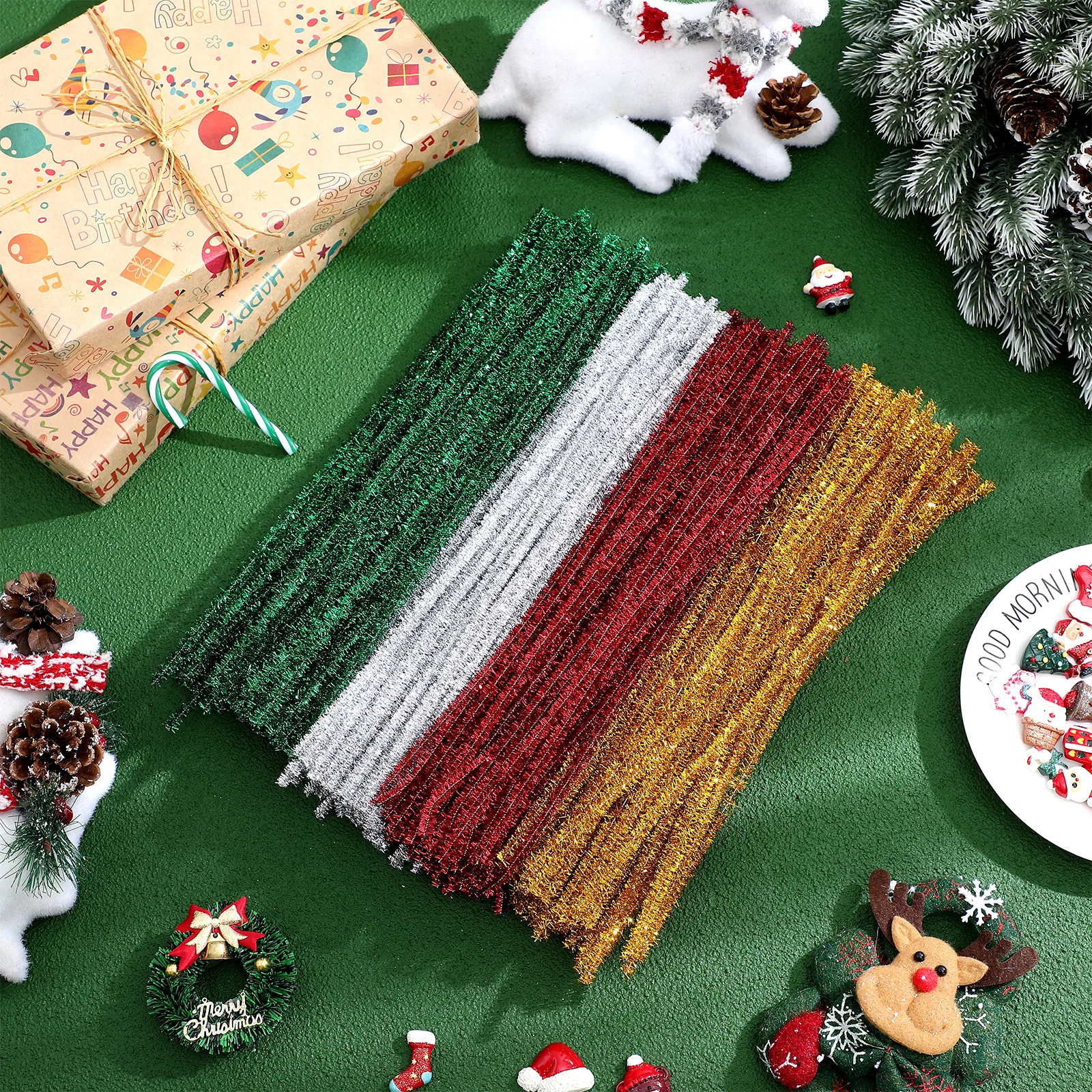 

400Pcs Christmas Craft Supplies Glitter Chenille Stems Colored Twistable DIY Creative Crafting Cleaners Christmas