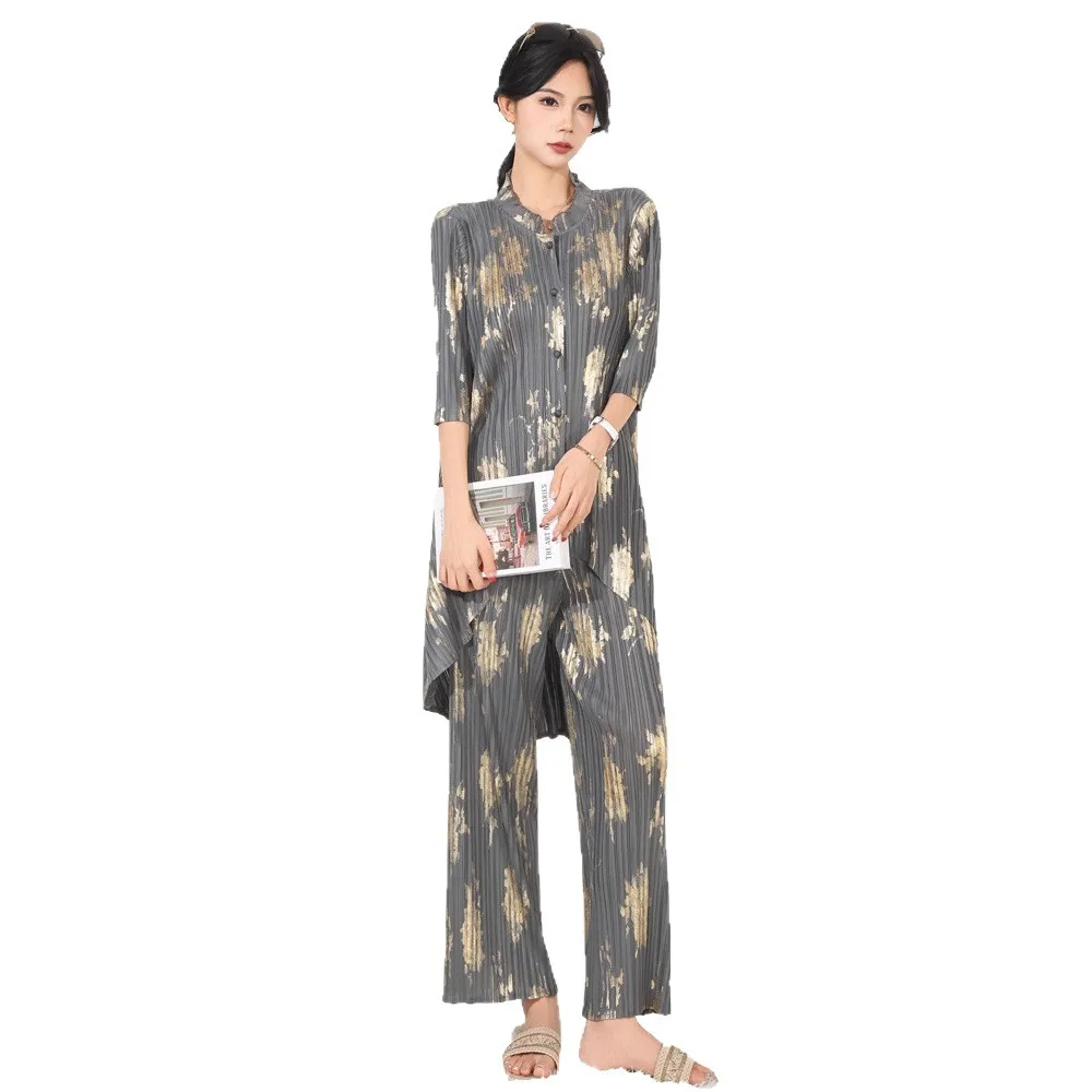 Miyake Folds 2025 Fashion Set Hot Gold Stamped Standing Neck Tuxedo Long Top Pleat High Waisted Straight Leg Pants Two Piece Set