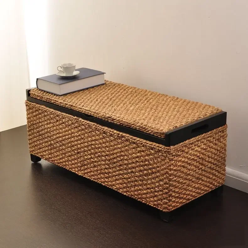 Double straw rattan storage shoe stool leisure footrest