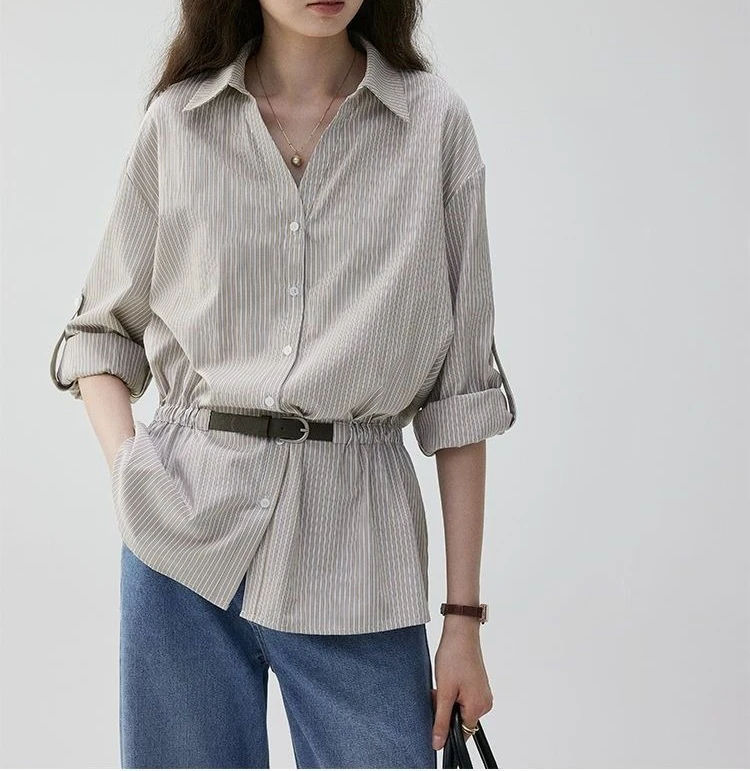 Striped 2025 Loose Shirt Autumn Lapel New Style Temperament Commuting Waist Cinched Top Looks Slim