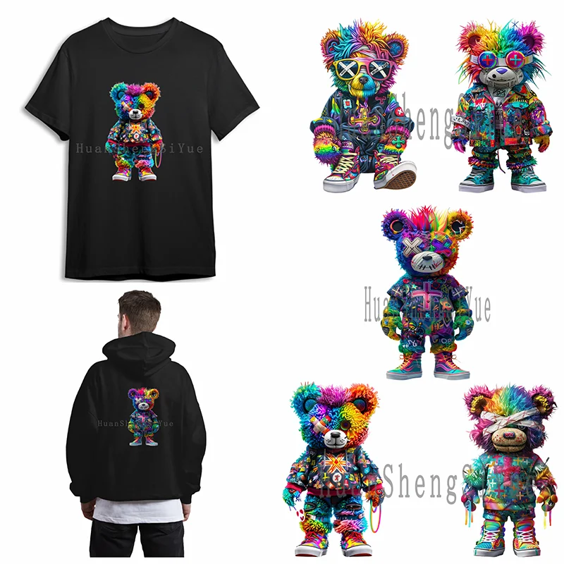 Ironing Sticker Clothes DTF Colored Bear Fashion T-shirt Hoodie DIY Jacket patch Heat Transfer Sticker